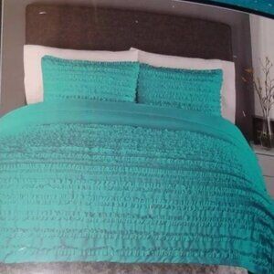 New Cynthia Rowley Ruffle Comforter Set Full Queen Teal Turquoise Shabby Chic